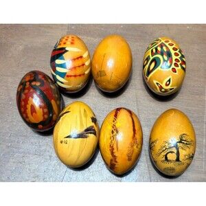 7 Vtg Hand Painted Solid Wood Eggs folk art Boho Easter Decor (lot B) 2.5”